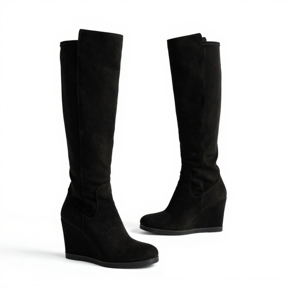 Stuart Weitzman black suede and elastic over the knee wedge platform boot 8M - Picture 6 of 10